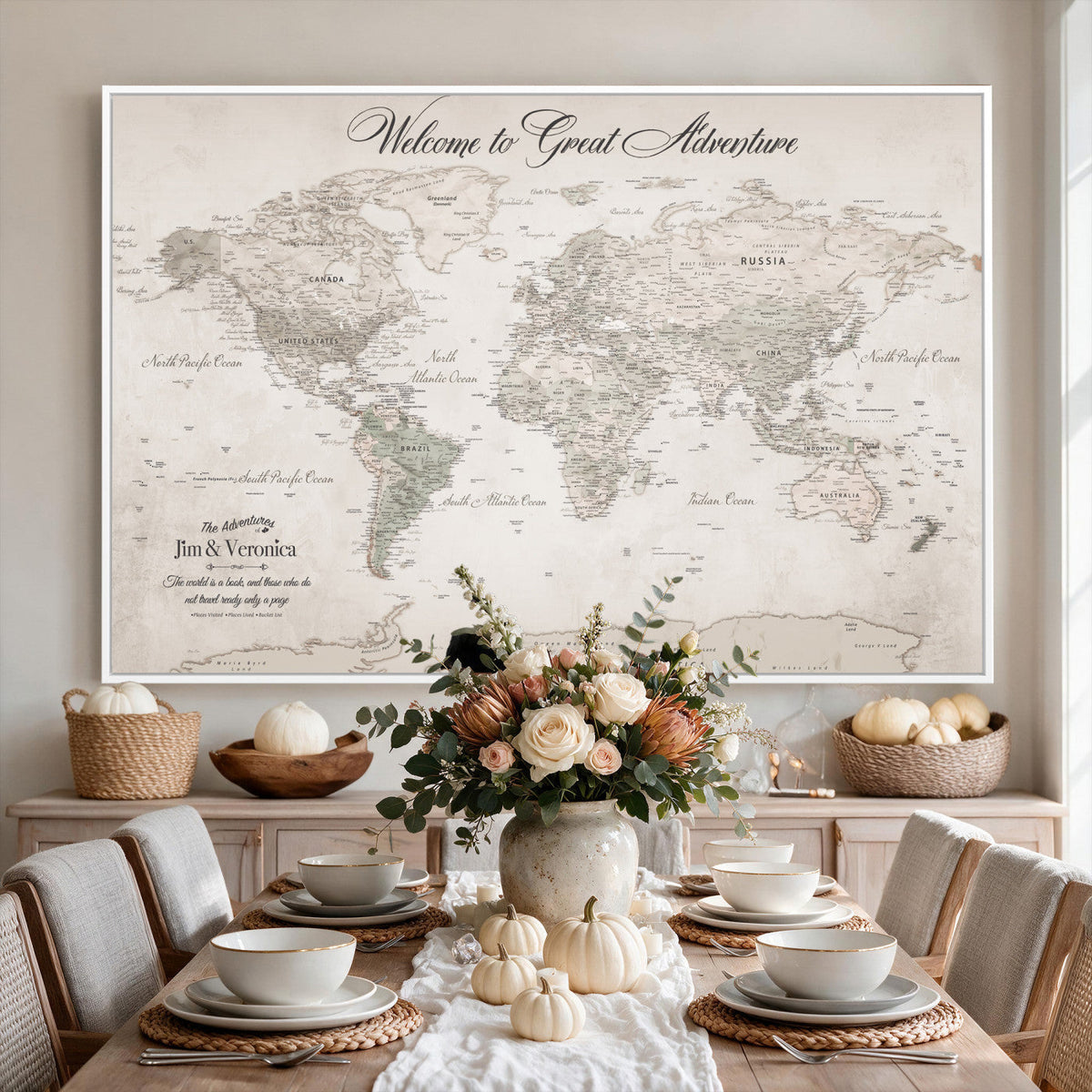 84311132-MGV-CV-36X24 - Personalized Beige World Map Canvas with Push Pins, Places Visited Tracker, Family Room and Entryway Decor