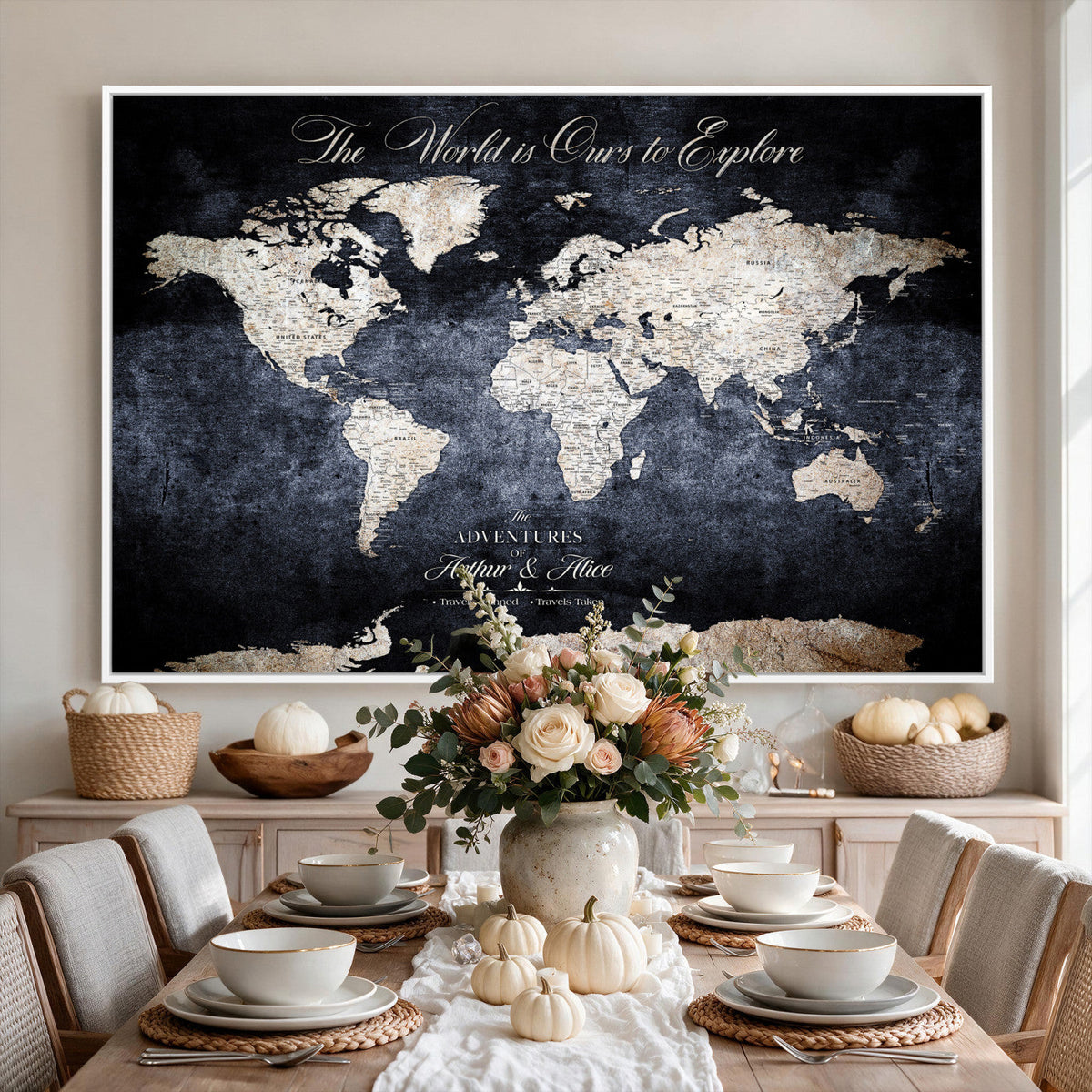 Personalized Beige Modern Push Pin Travel Map Canvas Print, Places Visited Tracker, Study and Entryway Decor