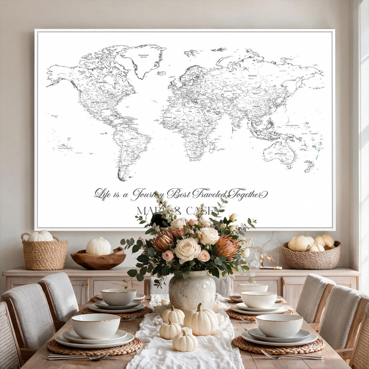 Personalized Framed Beige Modern Push Pin Travel Map Canvas Print, Couples Countries Visited Map, Living Room and Family Room Decor