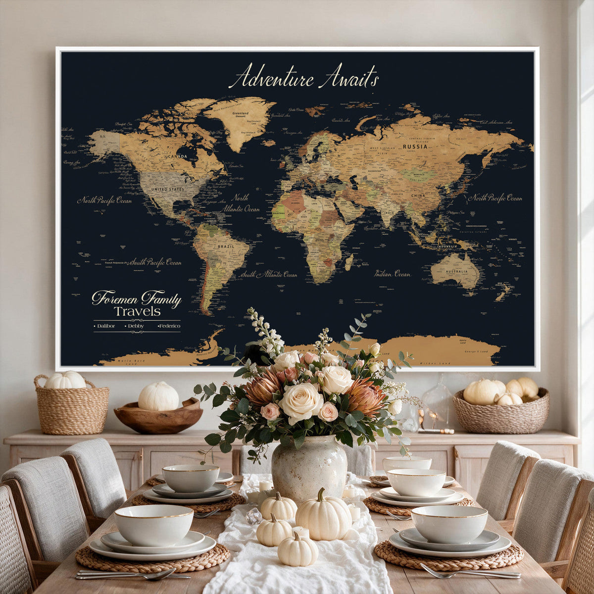 Personalized Framed Beige Geometric Family Push Pin World Map Canvas Print, Next Trip Planner Map, Family Room and Entryway Decor