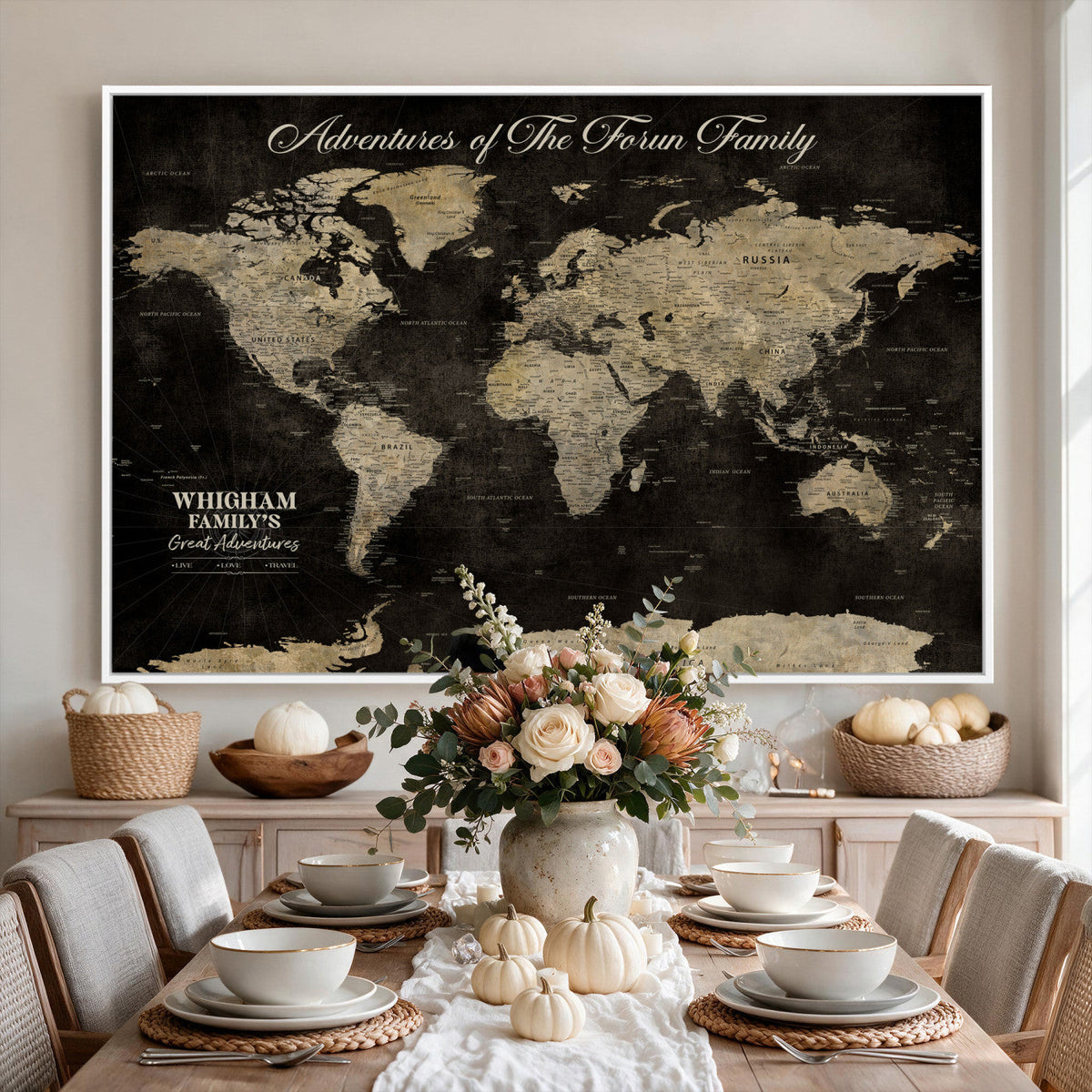 Personalized Framed Black Modern World Map Canvas with Push Pins, Next Trip Planner Map, Dining Room and Home Office Decor