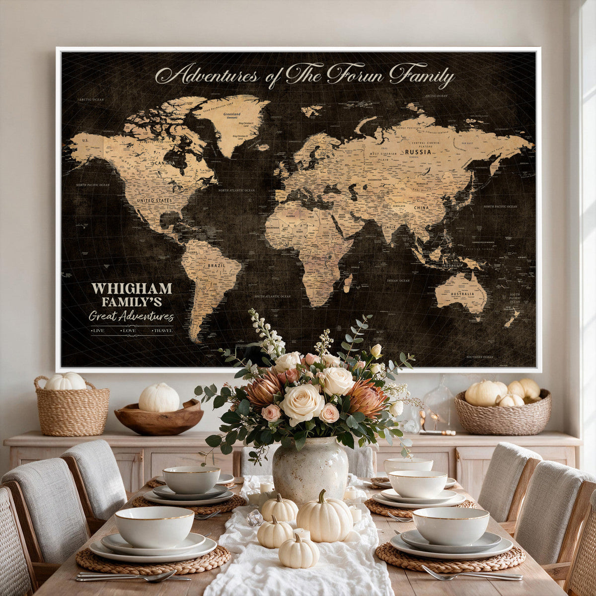 Personalized Framed Beige Geometric Push Pin Travel Map Canvas Print, Honeymoon and Anniversary Gift, Dining Room and Hallway Decor
