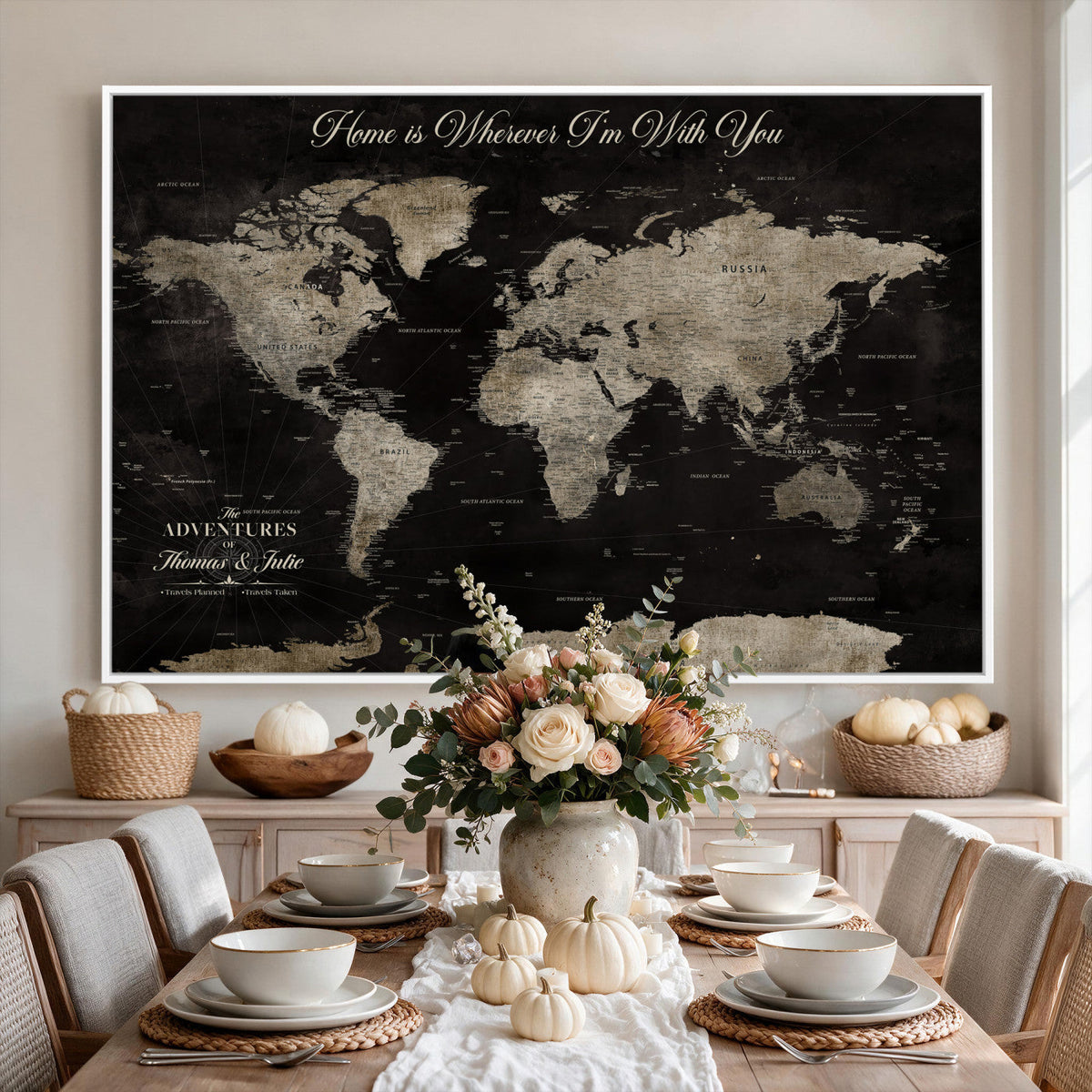 Personalized Framed Black Geometric World Map Canvas with Push Pins, Bucket List Map, Living Room and Dining Room Decor