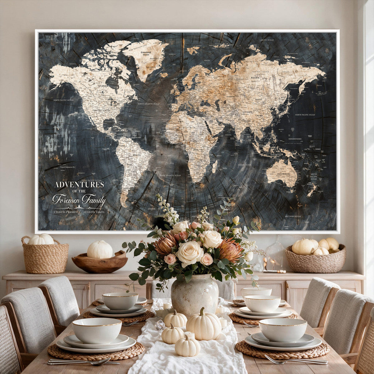 Personalized Framed Beige Push Pin World Map Canvas Print, Bucket List Map, Living Room and Hallway Decor