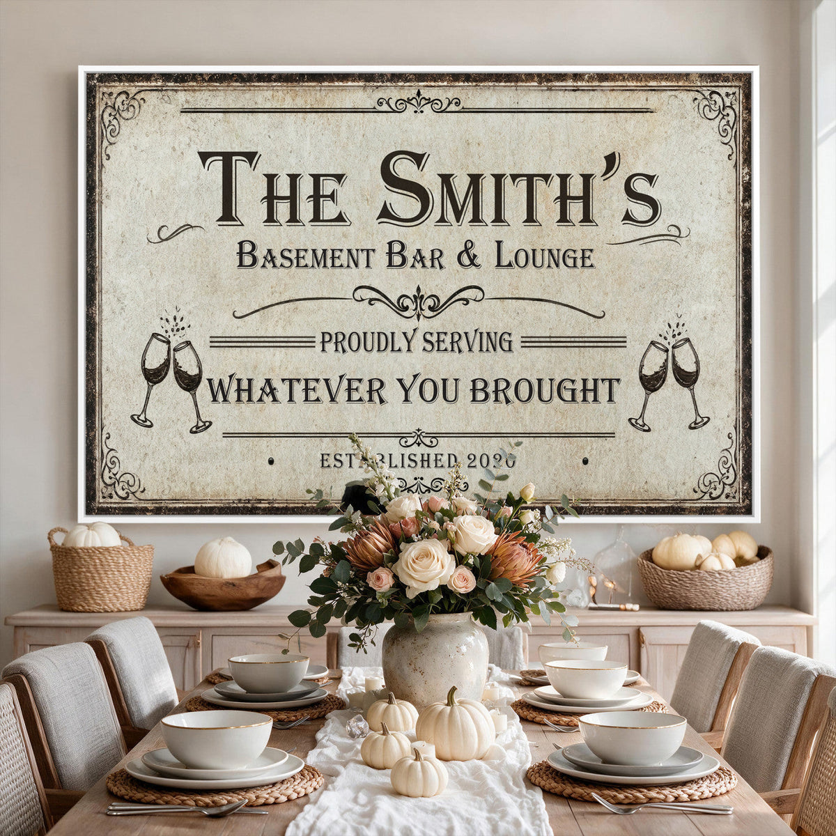Custom Basement Bar & Lounge Sign Canvas, Personalized Family Name Art