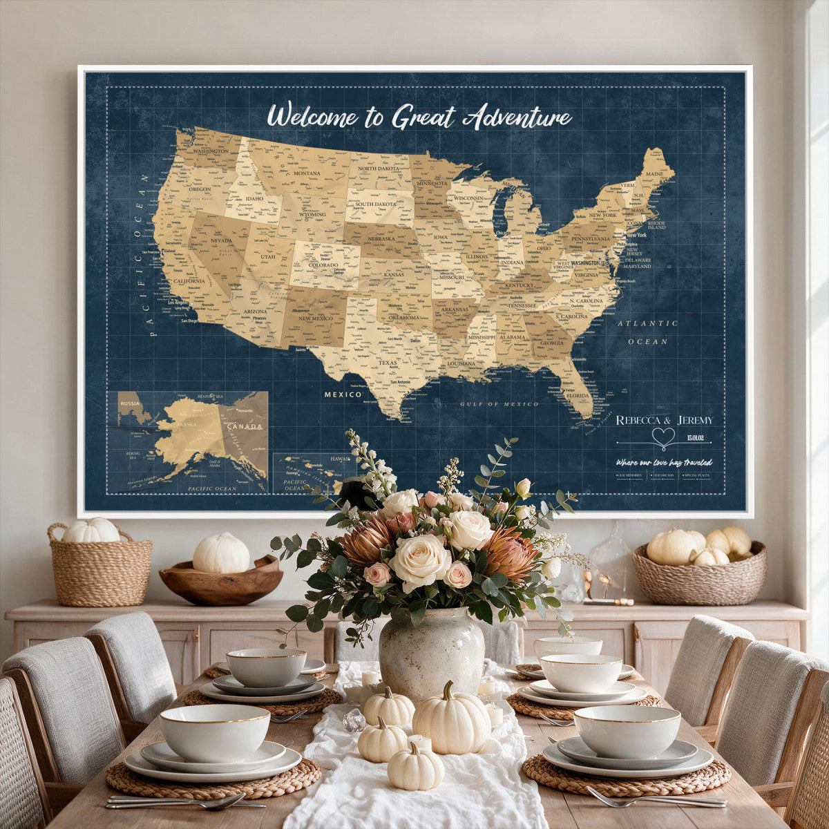 58851035-MGV-CV-36X24 - Custom Cream Push Pin USA Map Canvas Print, 50 State Bucket List Map, Family Room and Hallway Decor