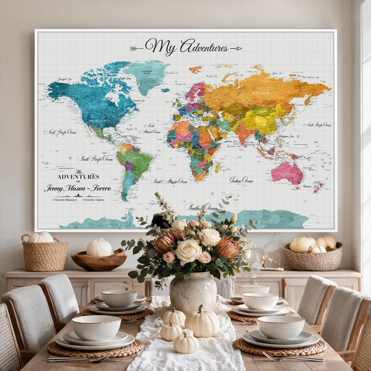 66743043-MGV-CV-36X24 - Extra Large Framed Personalize Push Pin World Map Wall Art Canvas Print for Travel Tracking - NEWMAP-131