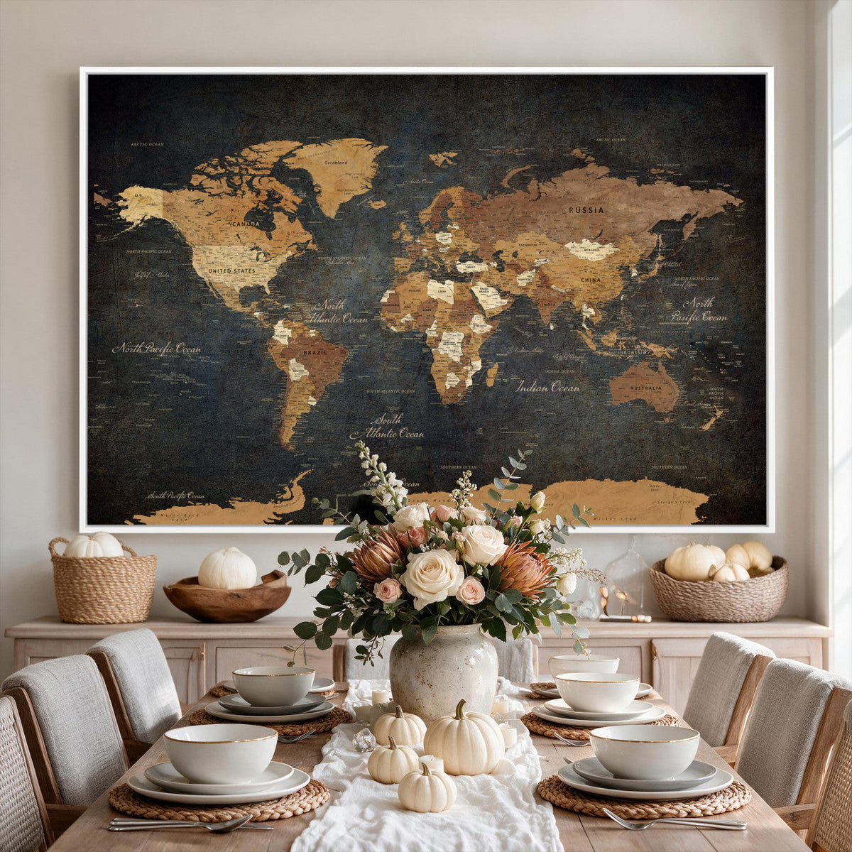 40660012D-MGV-CV-36X24 - Custom Push Pin World Map Wall Art Canvas Print – Personalized Travel Tracker with Pins Framed Large for Home and Office Decor