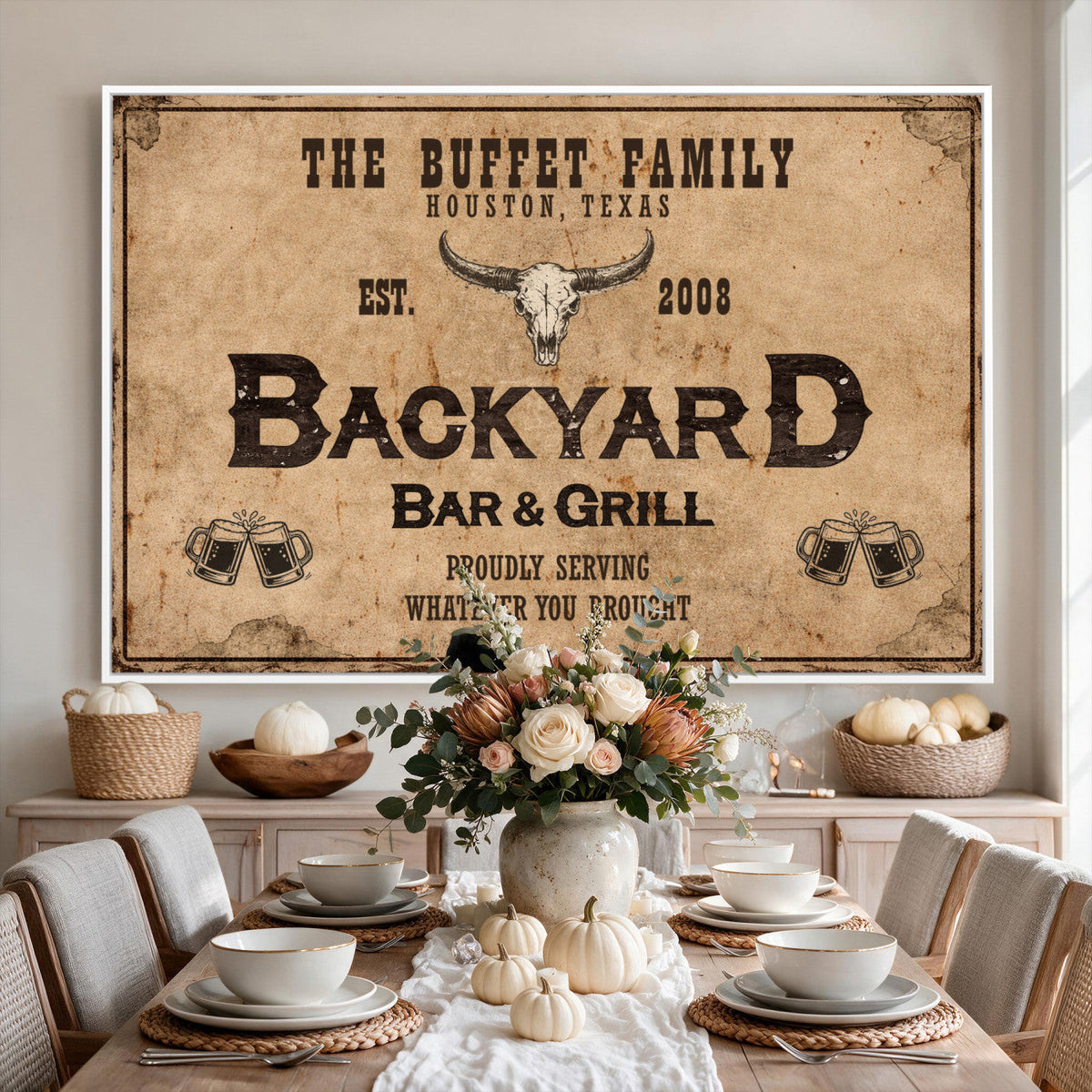 Custom Backyard Bar & Grill Sign Canvas, Personalized Family Name Sign