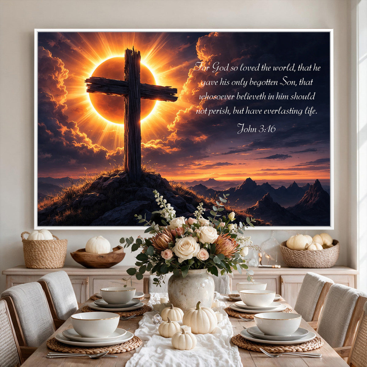 PatioSign02JSS-MGV-CV-36X24 - Custom Bible Verse Cross Canvas, Personalized Christian Wall Art