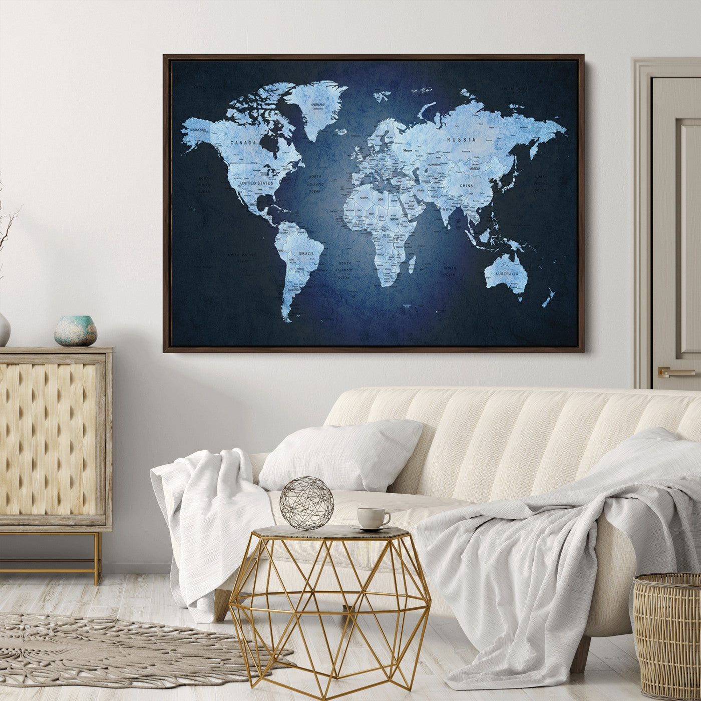 Push Pin World Map Canvas Print – Framed Wall Art for Couples to Track Their Travels – Anniversary Gift or Home Adventure Decor