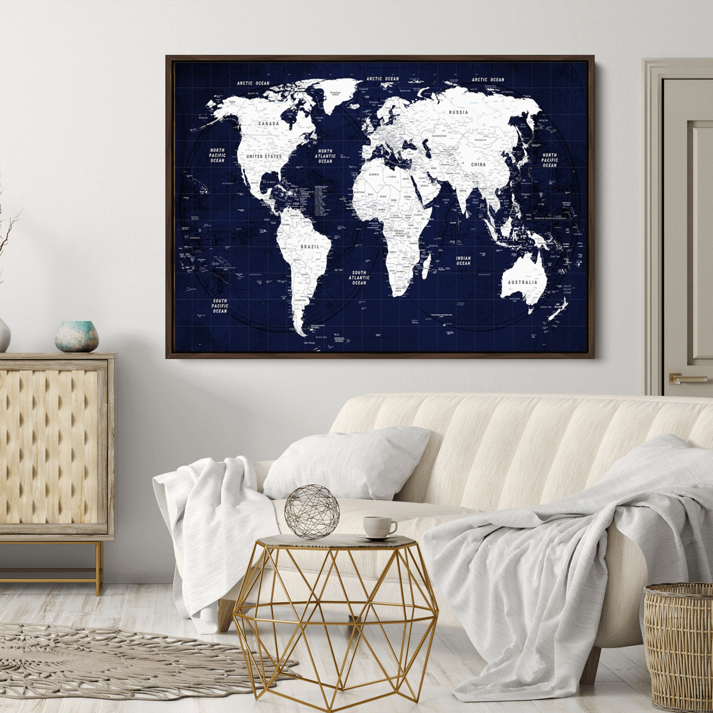 Push Pin World Map Canvas Print – Framed Wall Art for Couples to Track Their Travels – Anniversary Gift or Home Adventure Decor