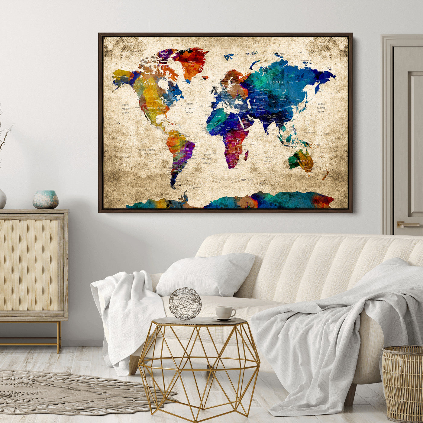 Push Pin World Map Canvas Print – Framed Wall Art for Couples to Track Their Travels – Anniversary Gift or Home Adventure Decor