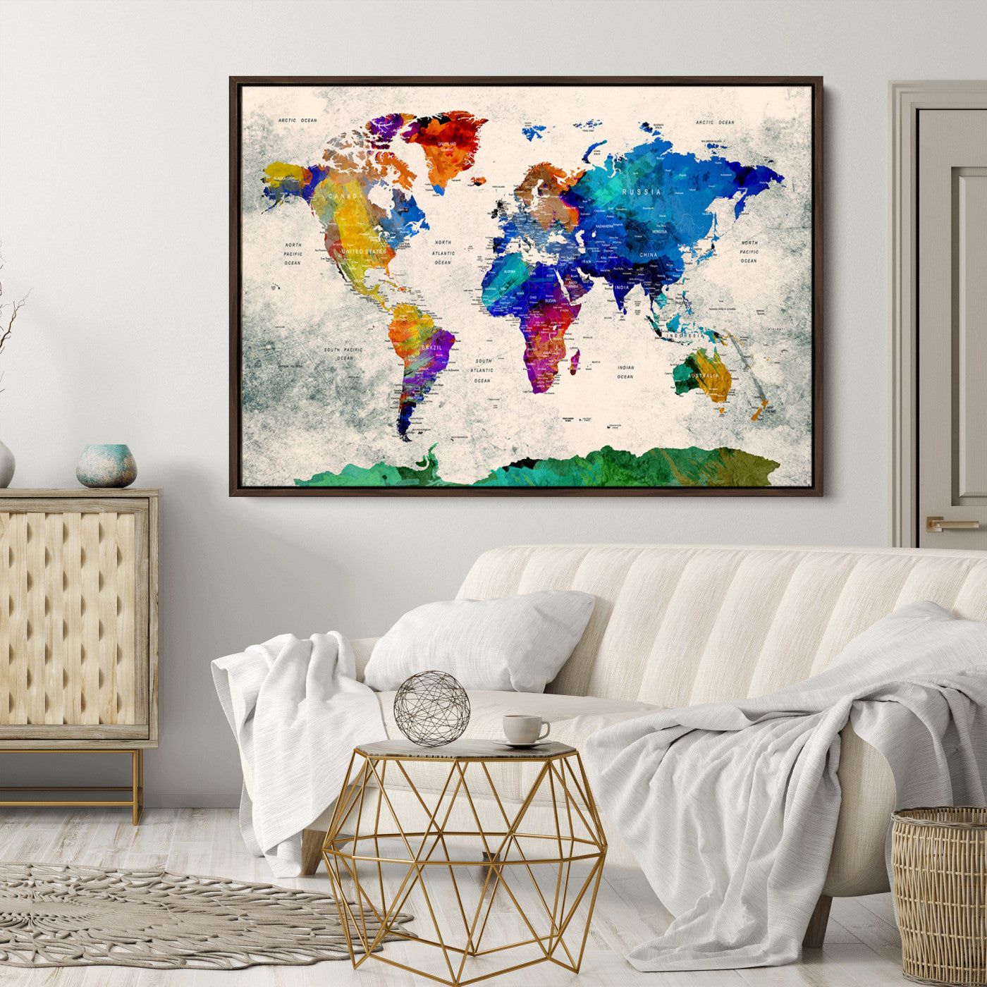 Push Pin World Map Canvas Print – Framed Wall Art for Couples to Track Their Travels – Anniversary Gift or Home Adventure Decor