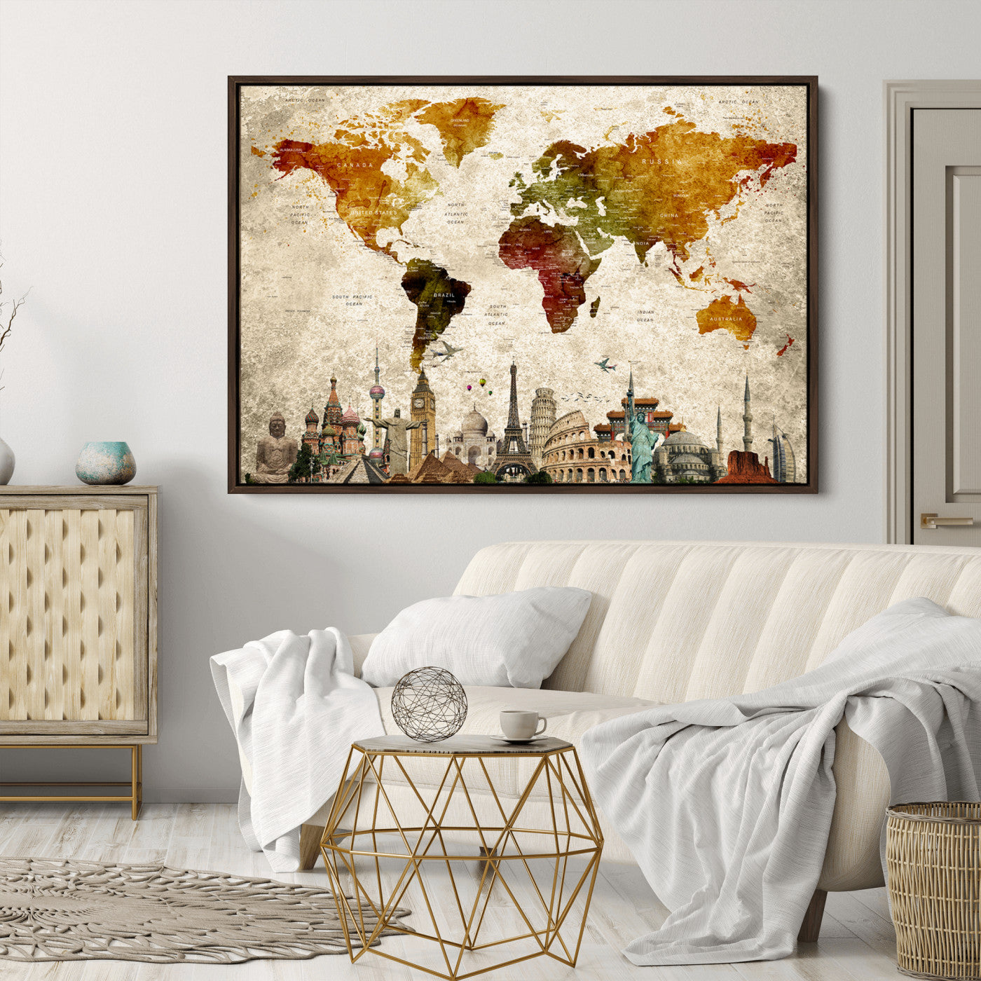 Push Pin World Map Canvas Print – Framed Wall Art for Couples to Track Their Travels – Anniversary Gift or Home Adventure Decor