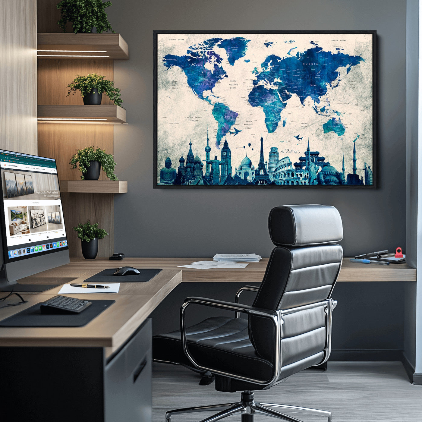 Navy Blue World Map Canvas Print, Wonder of World Map Push Pin Canvas Print