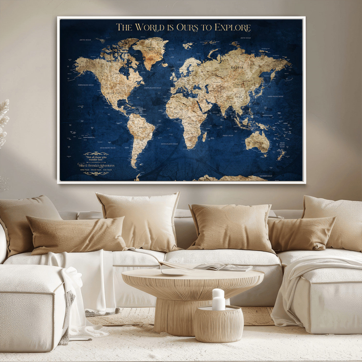 Custom World Map Wall Art – Personalized Framed Canvas Print with Push Pins for Travel Tracking, Anniversary or Couple Gift Ideas - H2-2