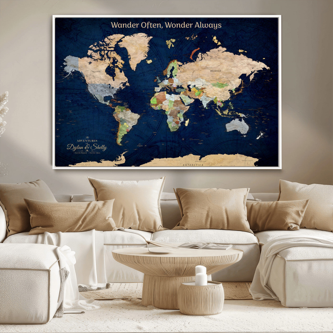 12399561-MGV-CV-30X20-Personalized World Map Print, Customizable Push Pin Framed World Map Print on Canvas - Custom Quote on Map Print