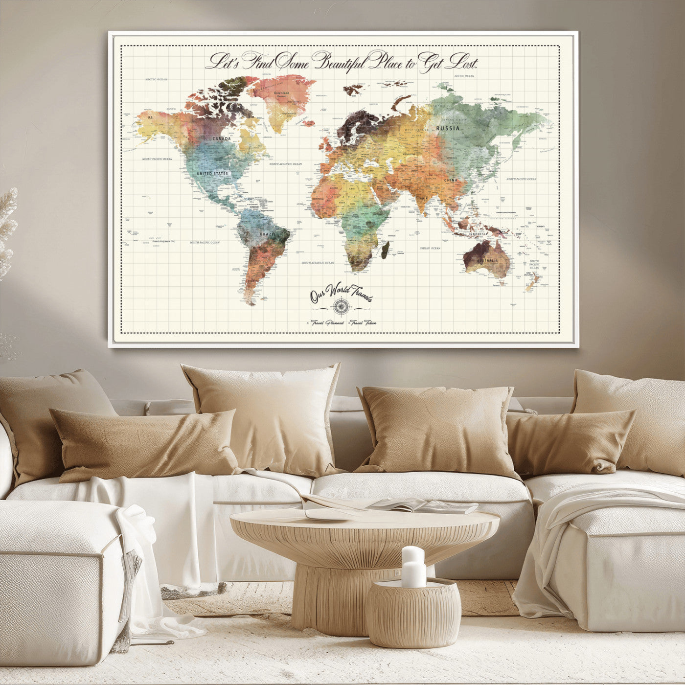 29289638-MGV-CV-36X24-Personalized World Map Print - Customizable Push Pin Framed World Map Print on Canvas - Custom Quote on Map Print