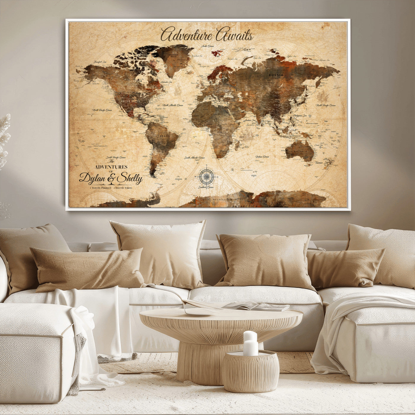 66357947-MGV-CV-36X24-Personalized World Map Print, Customizable Push Pin Framed World Map Print on Canvas - Custom Quote on Map Print