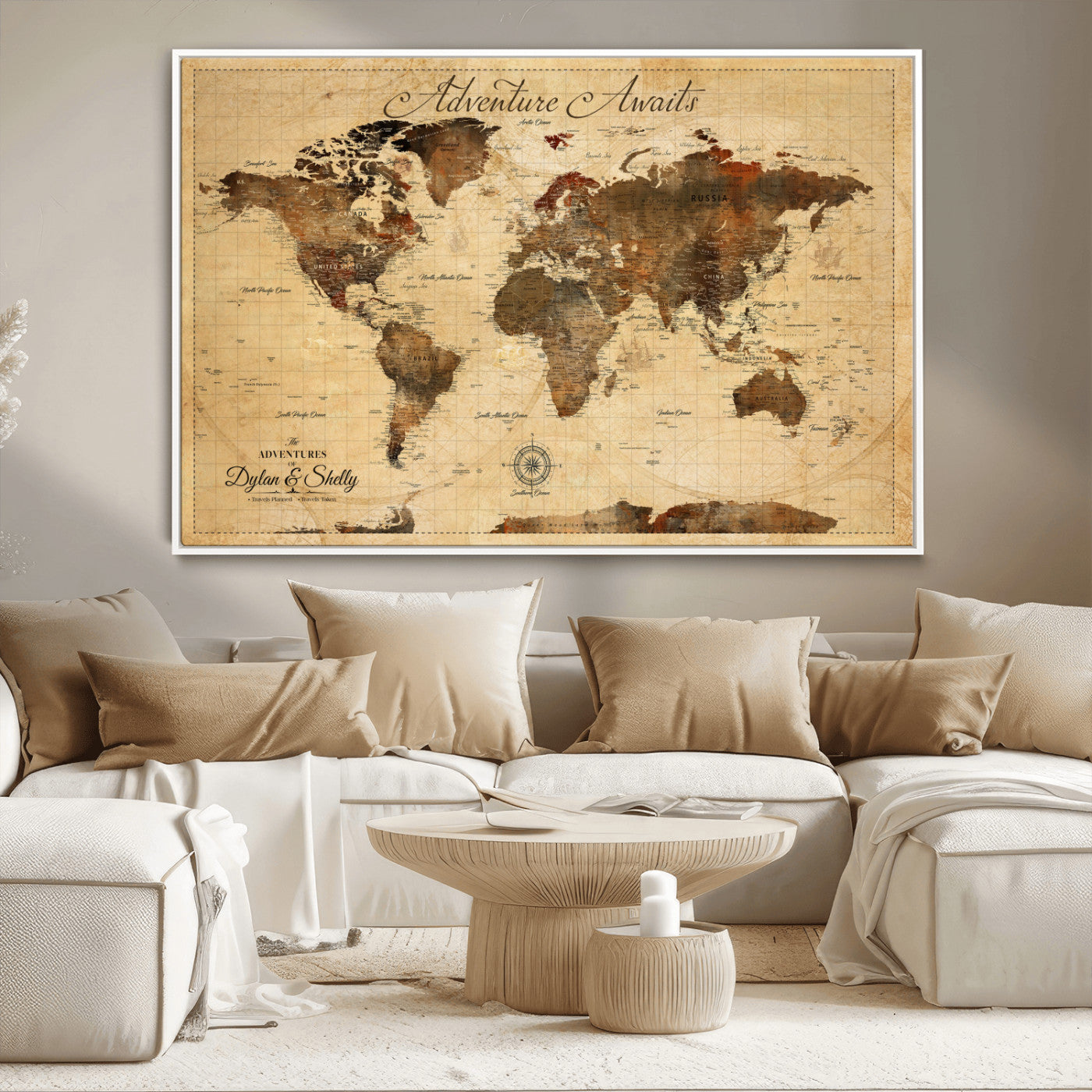 57497711-MGV-CV-36X24-Personalized World Map Canvas Print - Customizable Push Pin Framed World Map Print on Canvas - Custom Quote on Map Print