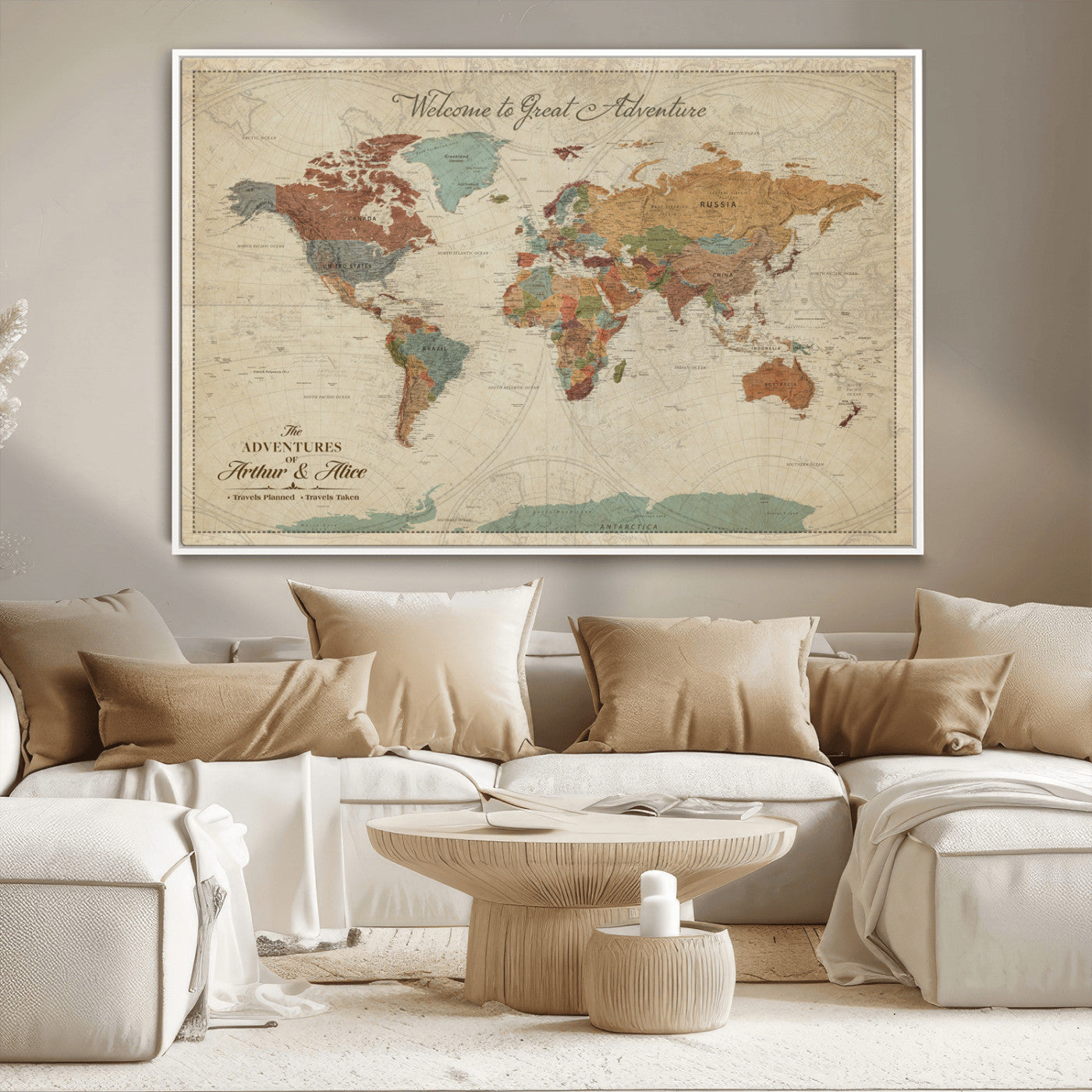 54152425-MGV-CV-36X24-Custom Push Pin World Map Wall Canvas Print – Personalized Travel Tracker with Pins – Framed Custom Map Quotie Canvas for Home Office Decor