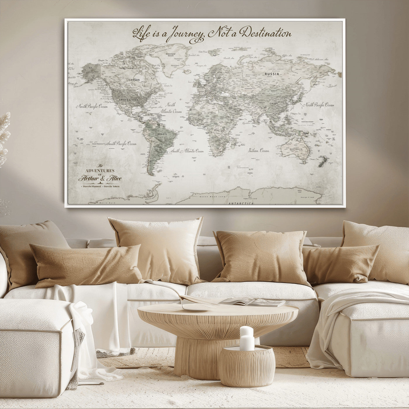 Custom Push Pin World Map Wall Canvas Print – Personalized Travel Tracker with Pins – Framed Custom Quotie Canvas for Home Office Decor