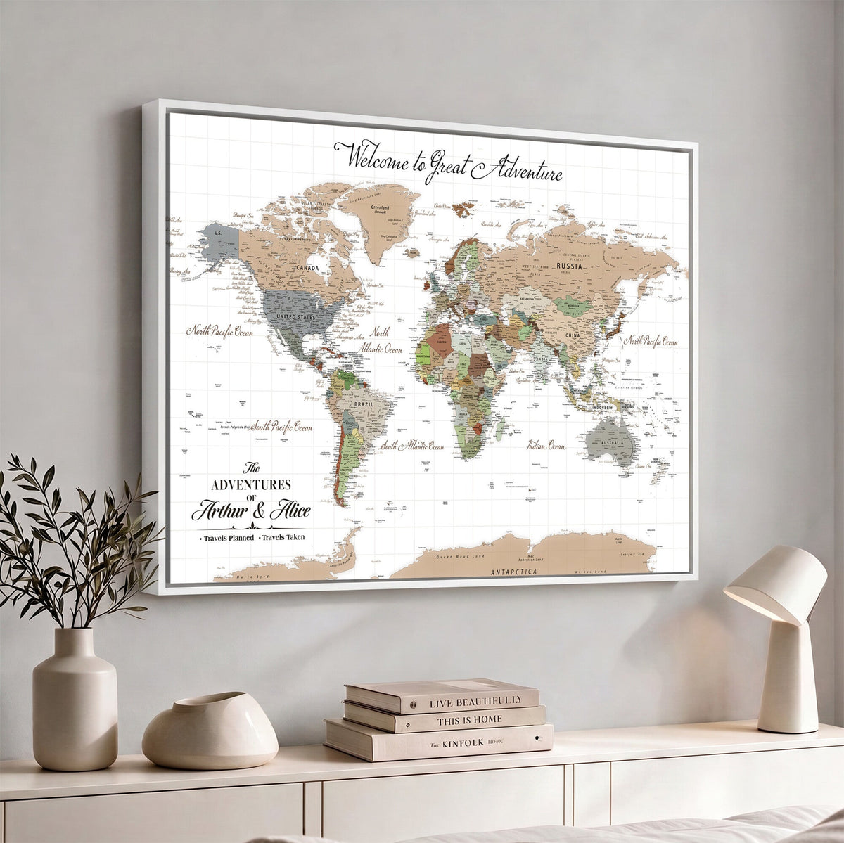 85396539-MGV-CV-36X24 - Custom Beige Push Pin World Map Wall Art, Bucket List Map, Study and Hallway Decor