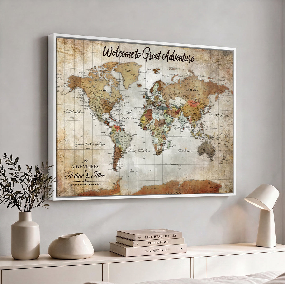 Personalized Beige Push Pin World Map Wall Art, Bucket List Map, Living Room and Family Room Decor