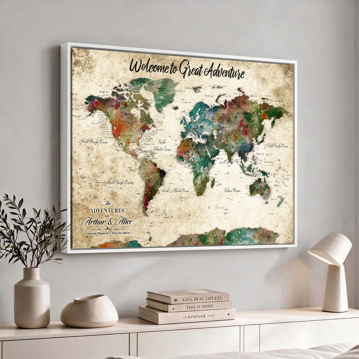 Personalized Beige Grunge World Map Canvas with Push Pins, Next Trip Planner Map, Family Room and Home Office Decor