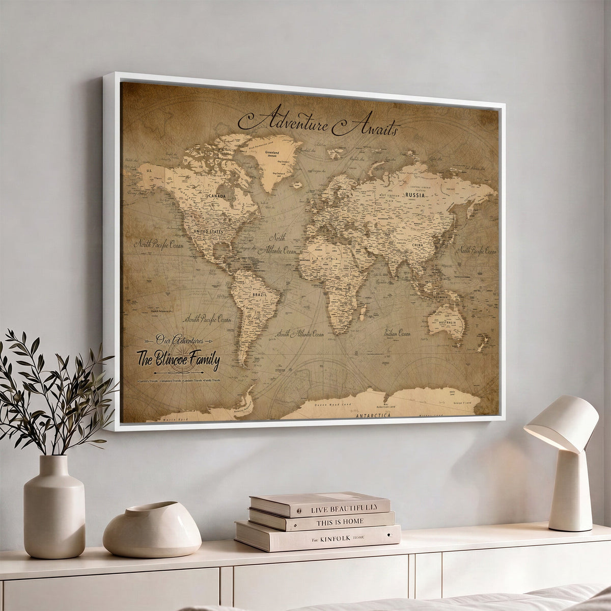 Personalized Framed Beige World Travel Map Wall Art with Pins, Family Travel Tracker, Family Room and Entryway Decor