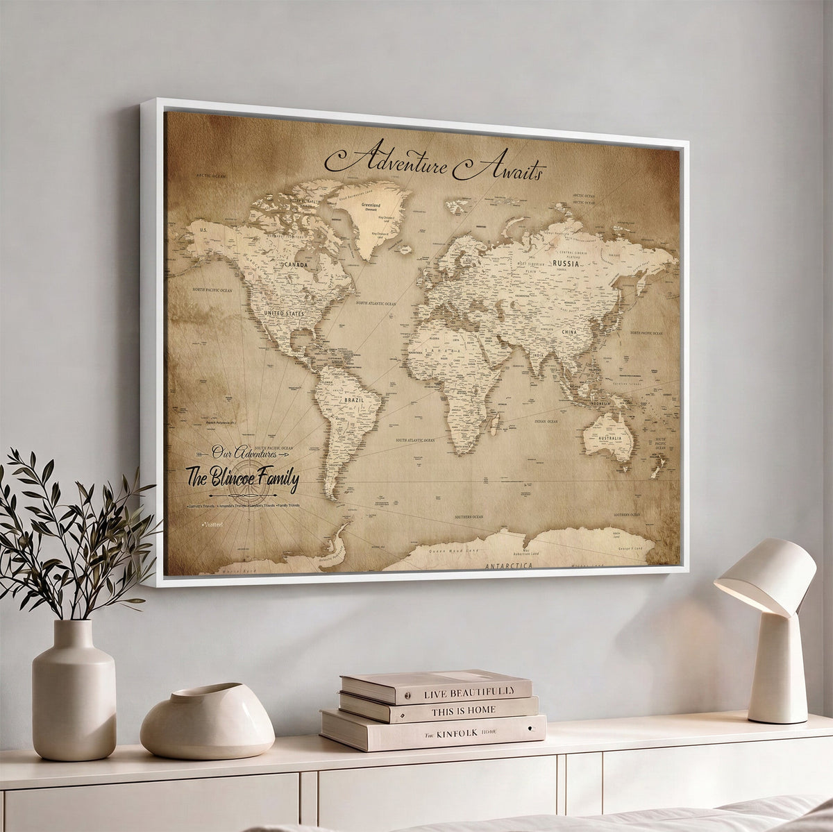 Personalized Black Modern Push Pin World Map Wall Art, Places Visited Tracker, Family Room and Bedroom Decor