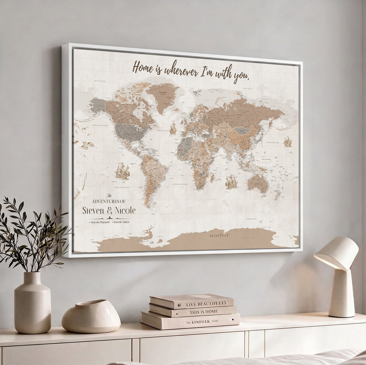 Personalized Push Pin Travel Map Canvas Print, Honeymoon and Anniversary Gift, Family Room and Hallway Decor