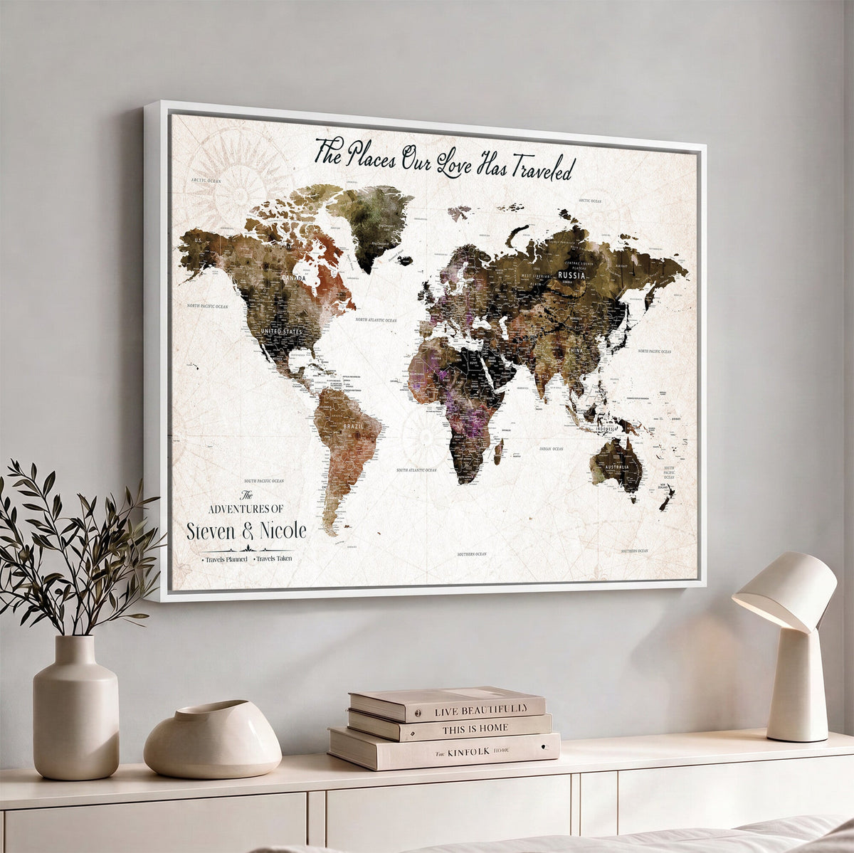 34345515-MGV-CV-36X24 - Custom Push Pin World Map Wall Art Canvas Print | Personalized Travel Tracker with Pins Framed Large for Home and Office Decor