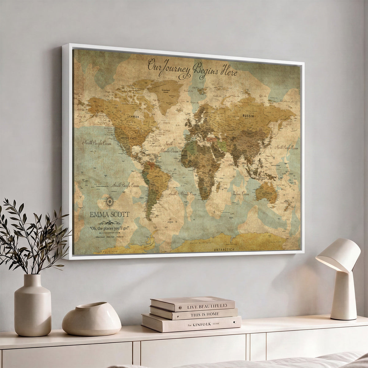 Personalized Navy Push Pin Travel Map Canvas Print, Couples Countries Visited Map, Living Room and Dining Room Decor