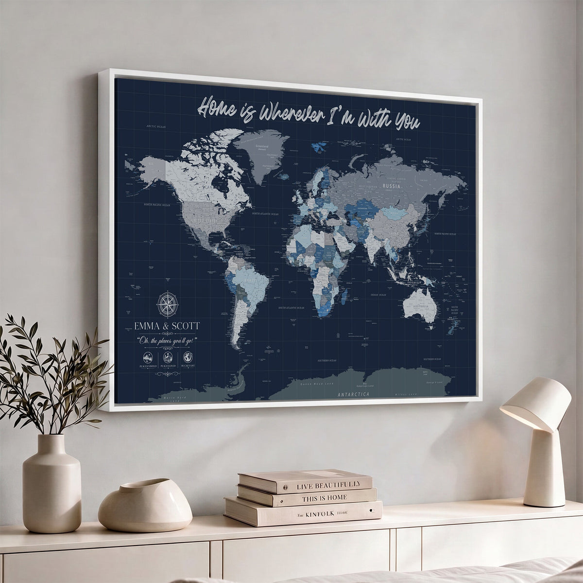 NEWMAP-18-MGV-CV-36X24 - Custom Push Pin World Map Wall Art Canvas Print | Personalized Travel Tracker with Pins Framed Large Print - NEWMAP-18