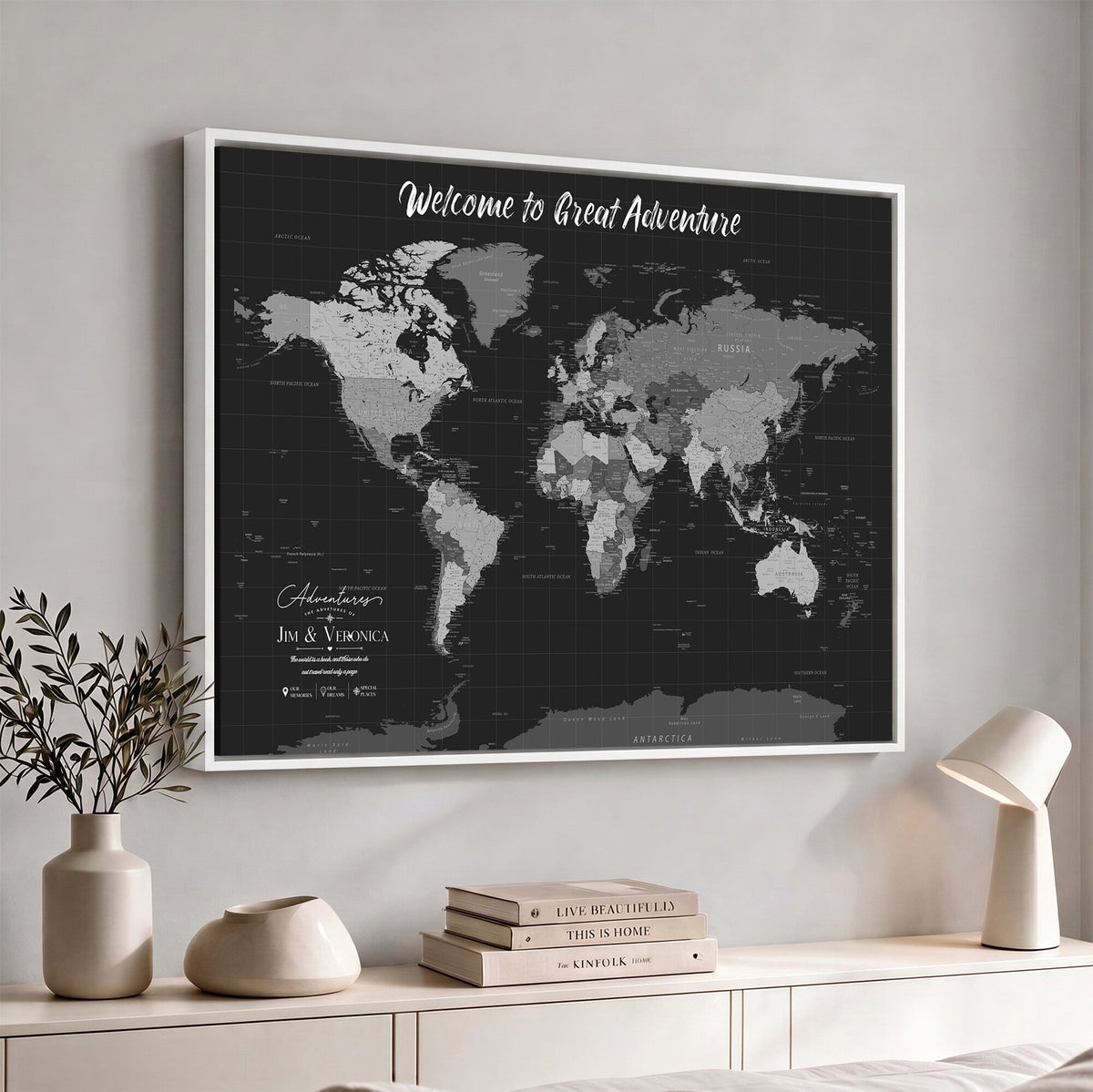 Custom Framed Navy Vintage World Map Canvas with Push Pins, Next Trip Planner Map, Entryway and Hallway Decor