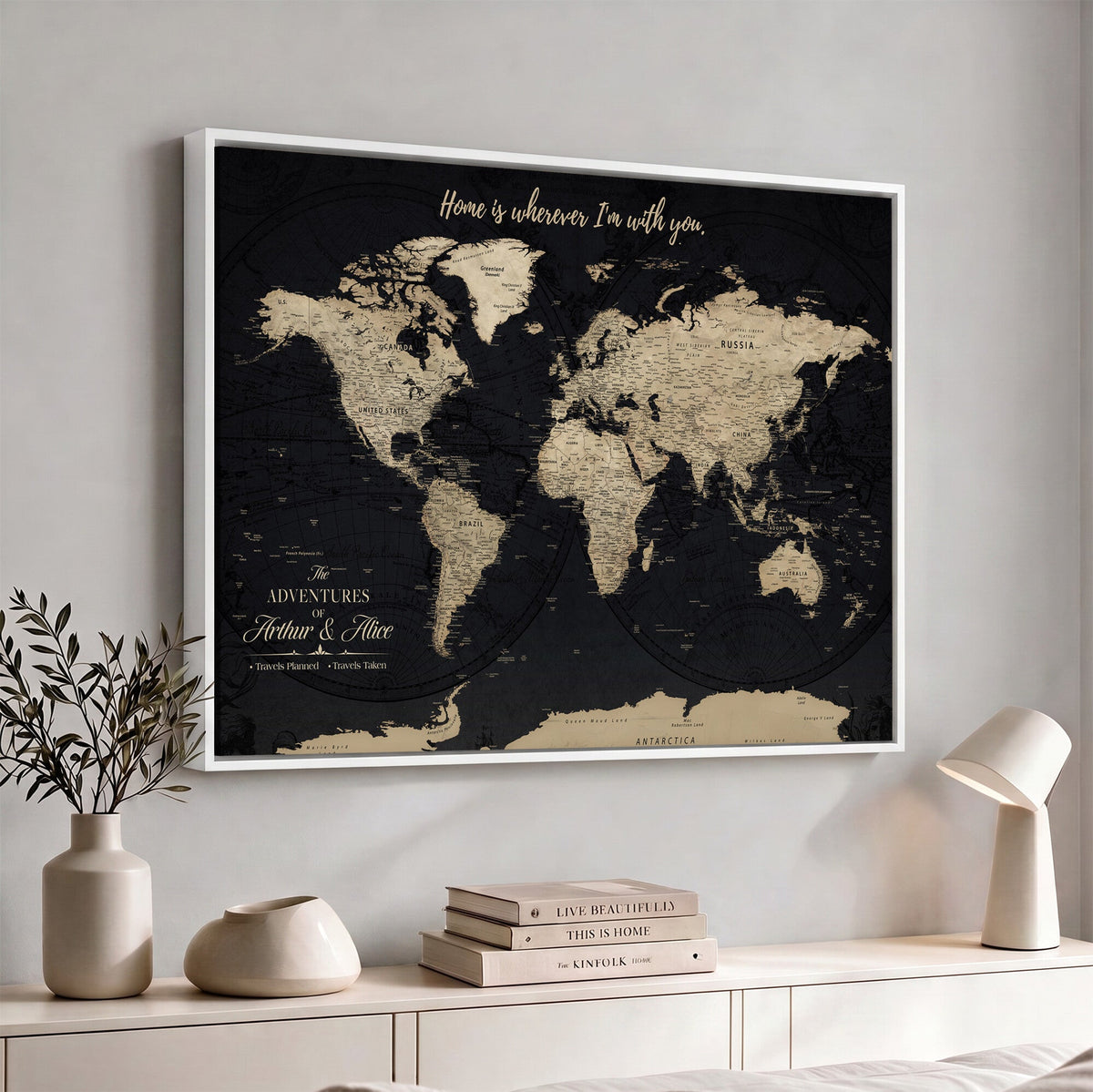 Personalized Framed Beige Modern Push Pin World Map Canvas Print, Places Visited Tracker, Family Room and Bedroom Decor