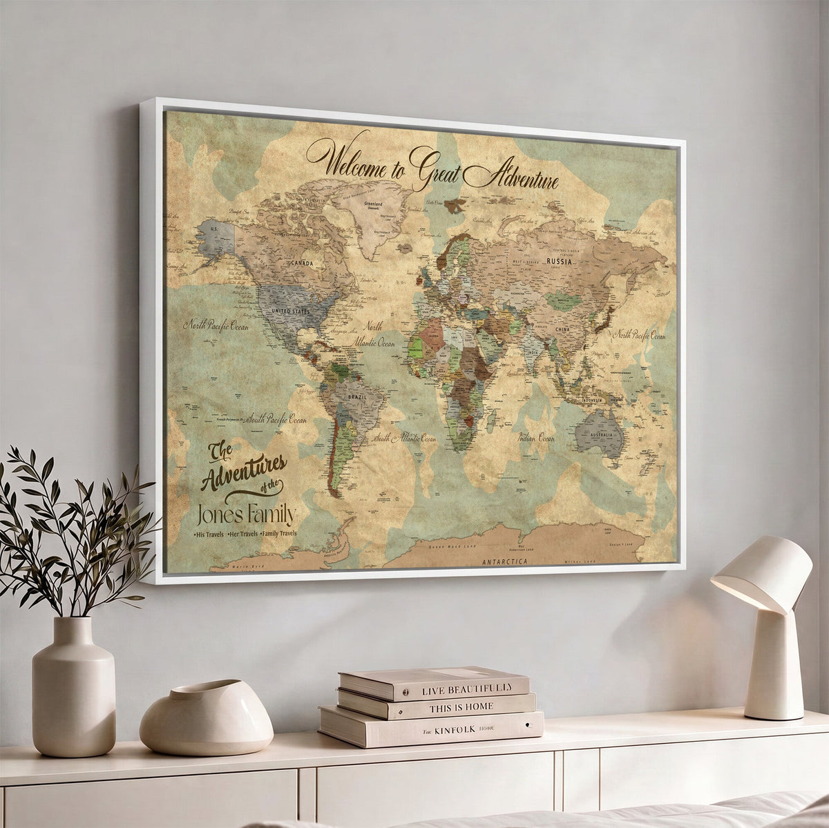 Personalized Framed Navy Vintage Push Pin World Map Wall Art, Places Visited Tracker, Bedroom and Hallway Decor