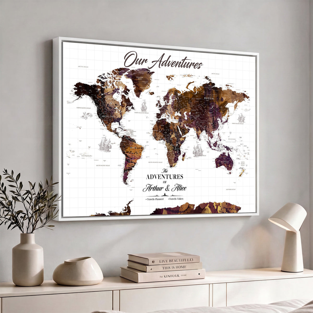 Personalized Framed Beige Vintage Push Pin Travel Map Canvas Print, Next Trip Planner Map, Home Office and Entryway Decor