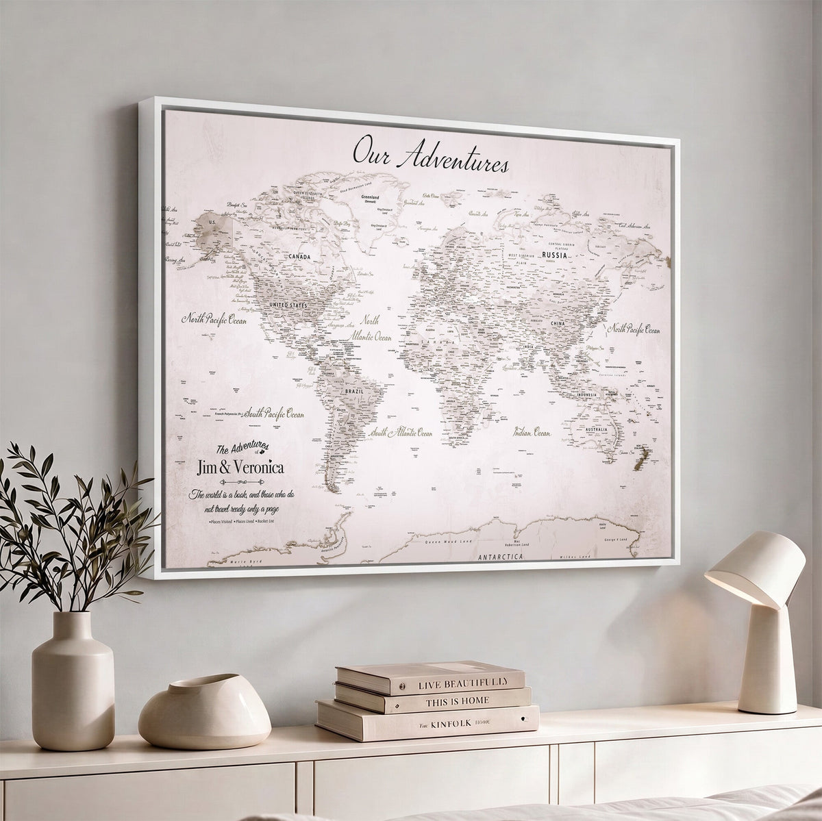 Personalized Beige Vintage World Travel Map Wall Art with Pins, Honeymoon and Anniversary Gift, Entryway and Hallway Decor
