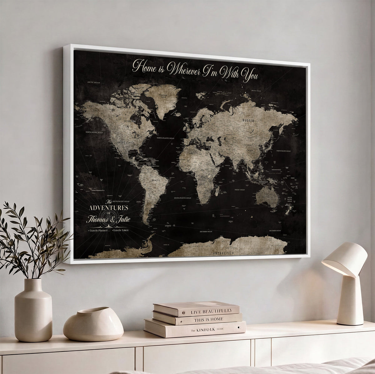 Personalized Framed Black Geometric World Map Canvas with Push Pins, Bucket List Map, Living Room and Dining Room Decor