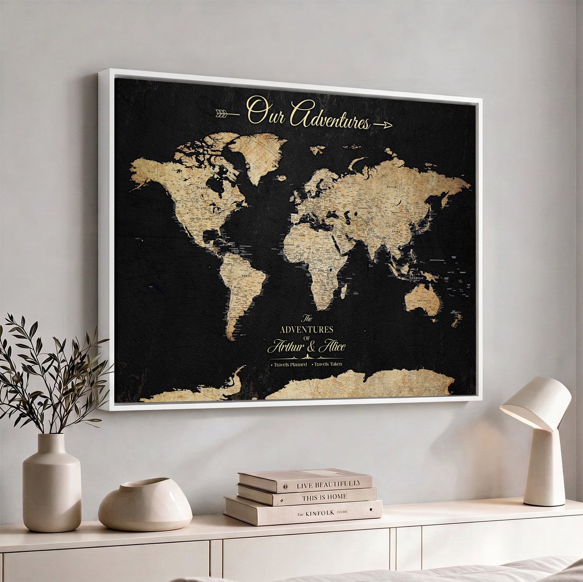 Personalized Framed Beige Push Pin World Map Canvas Print, Family Travel Tracker, Bedroom and Home Office Decor