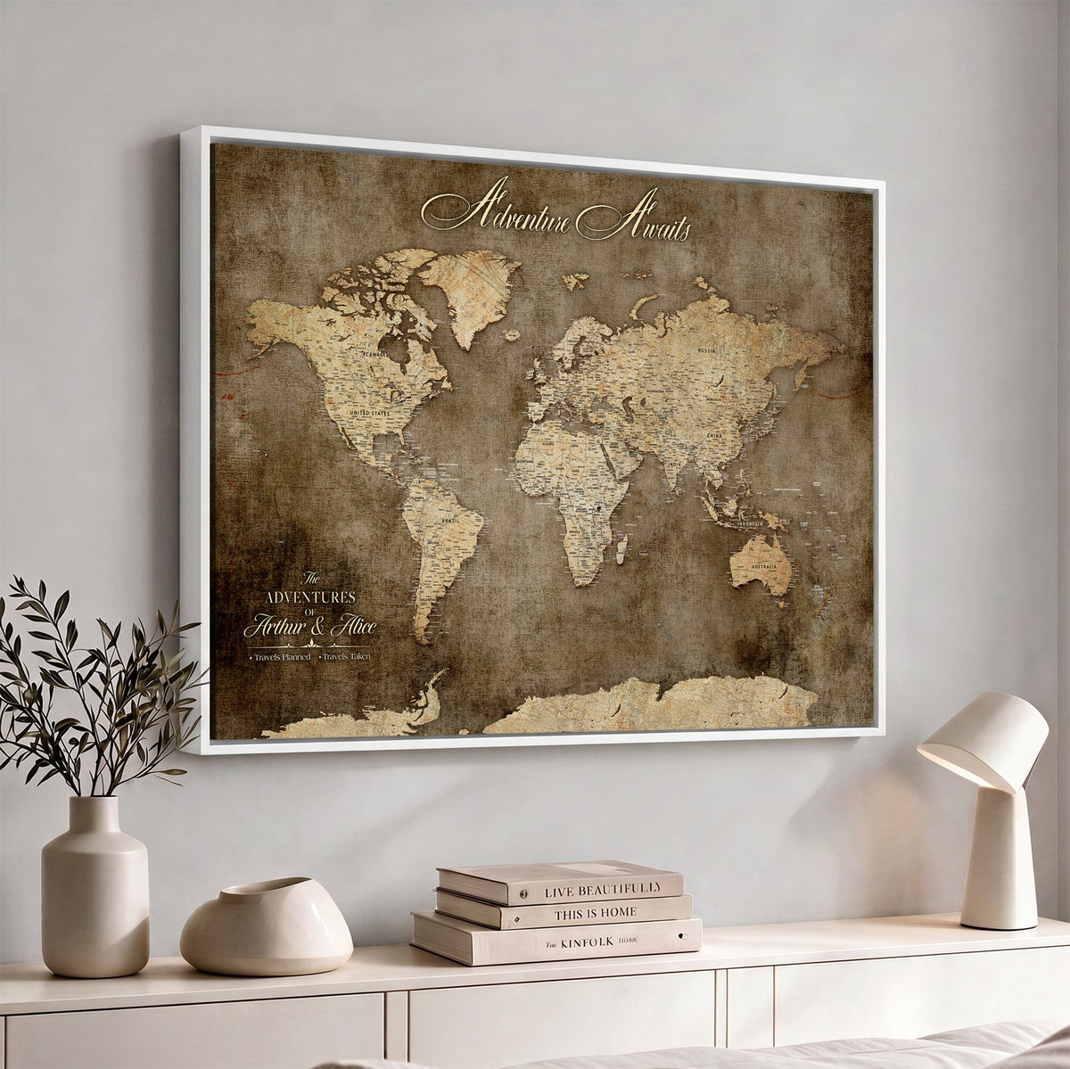 Personalized Framed Beige Push Pin Travel Map Canvas Print, Bucket List Map, Bedroom and Study Decor