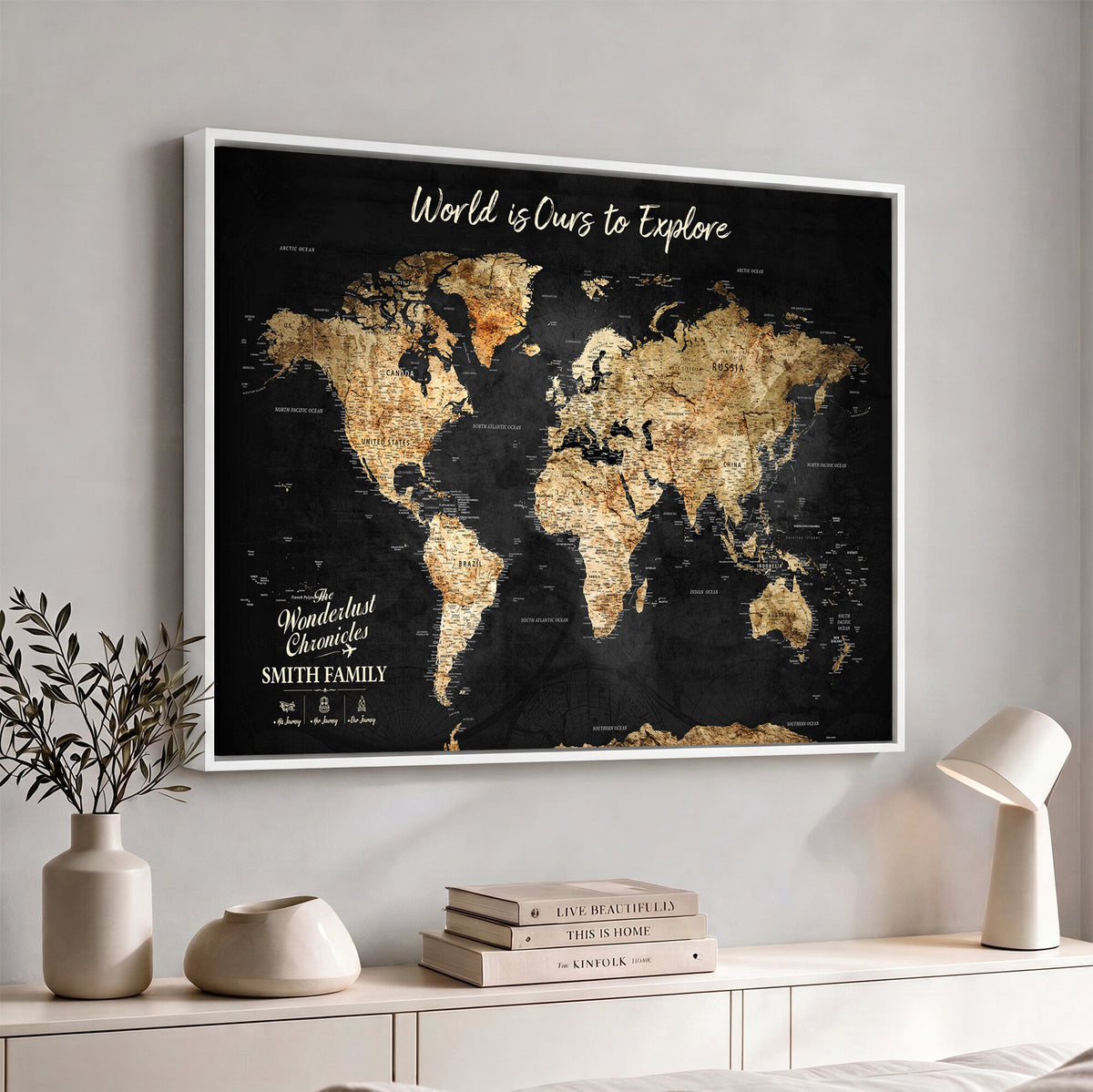 73732636-MGV-CV-36X24 - Custom Push Pin World Map Wall Art Canvas Print | Personalized Travel Tracker with Pins Framed Large for Home and Office Decor