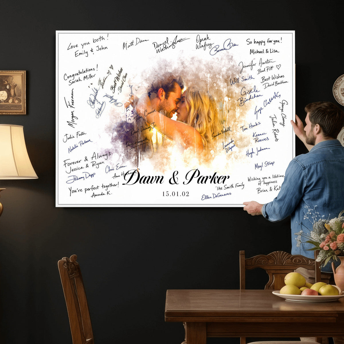 74713307-MGV-CV-36X24 - Wedding Guest Book Alternative Wall Art Canvas Print, Personalized Couple Photo Guestbook Wedding Signature Poster, Custom Couple Photo Guestbook Canvas, Bridal Shower Reception Decor