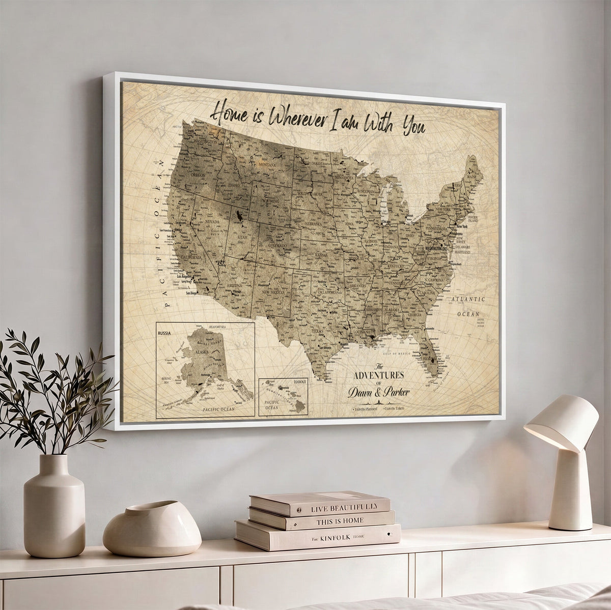 25440520-MGV-CV-36X24 - Detailed Personalized Push Pin United States Map Wall Art, States Visited Map, Office and Hallway Decor