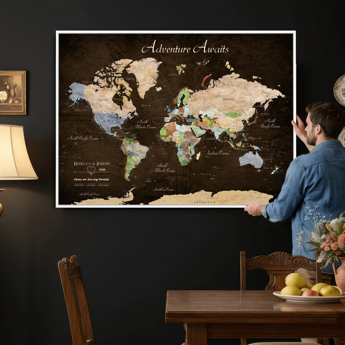 95753799-MGV-CV-36X24 - Custom Push Pin World Map Canvas Print | Personalized Travel Map Wall Art