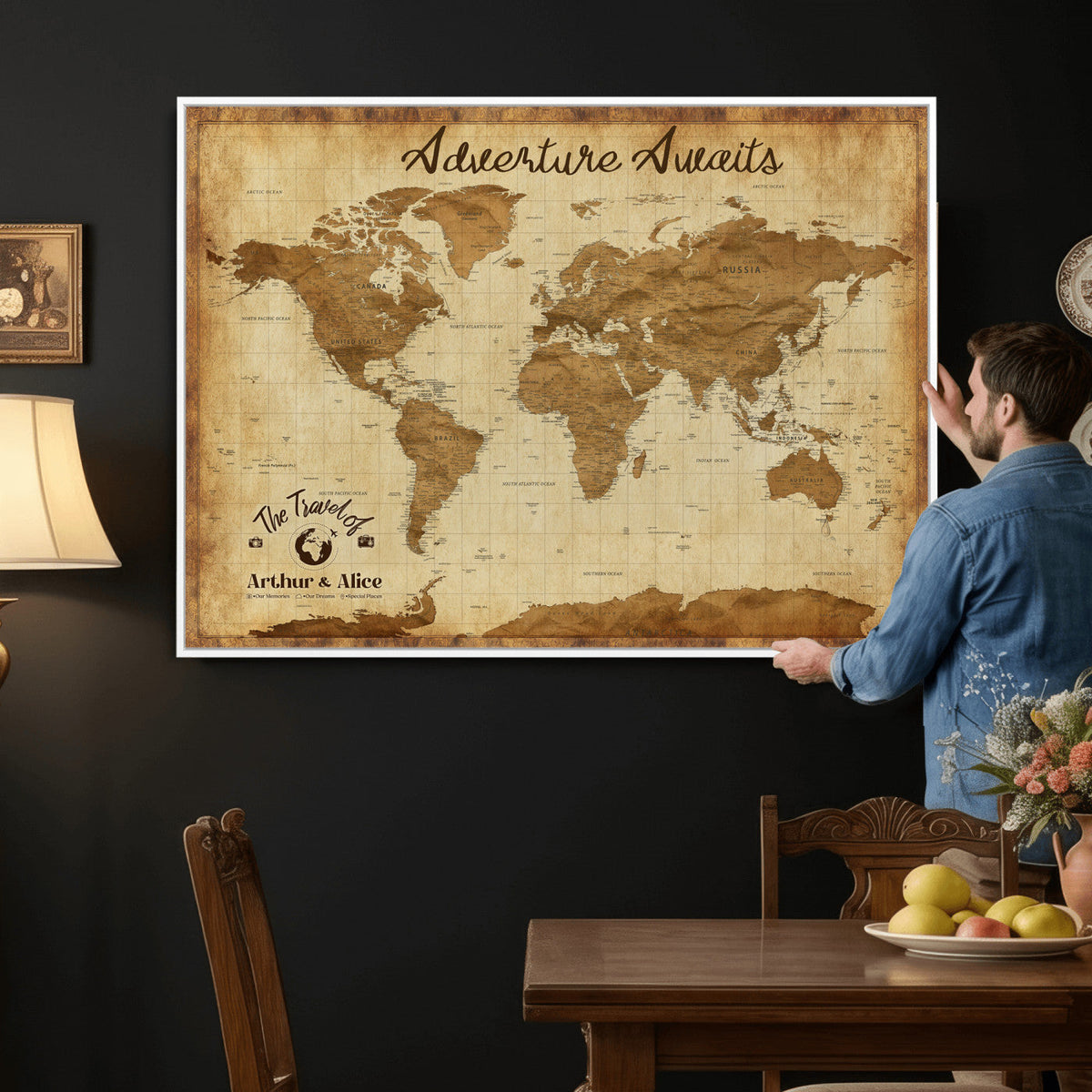 43427501-MGV-CV-36X24 - Custom Push Pin World Map Canvas Print | Personalized Travel Map Wall Art