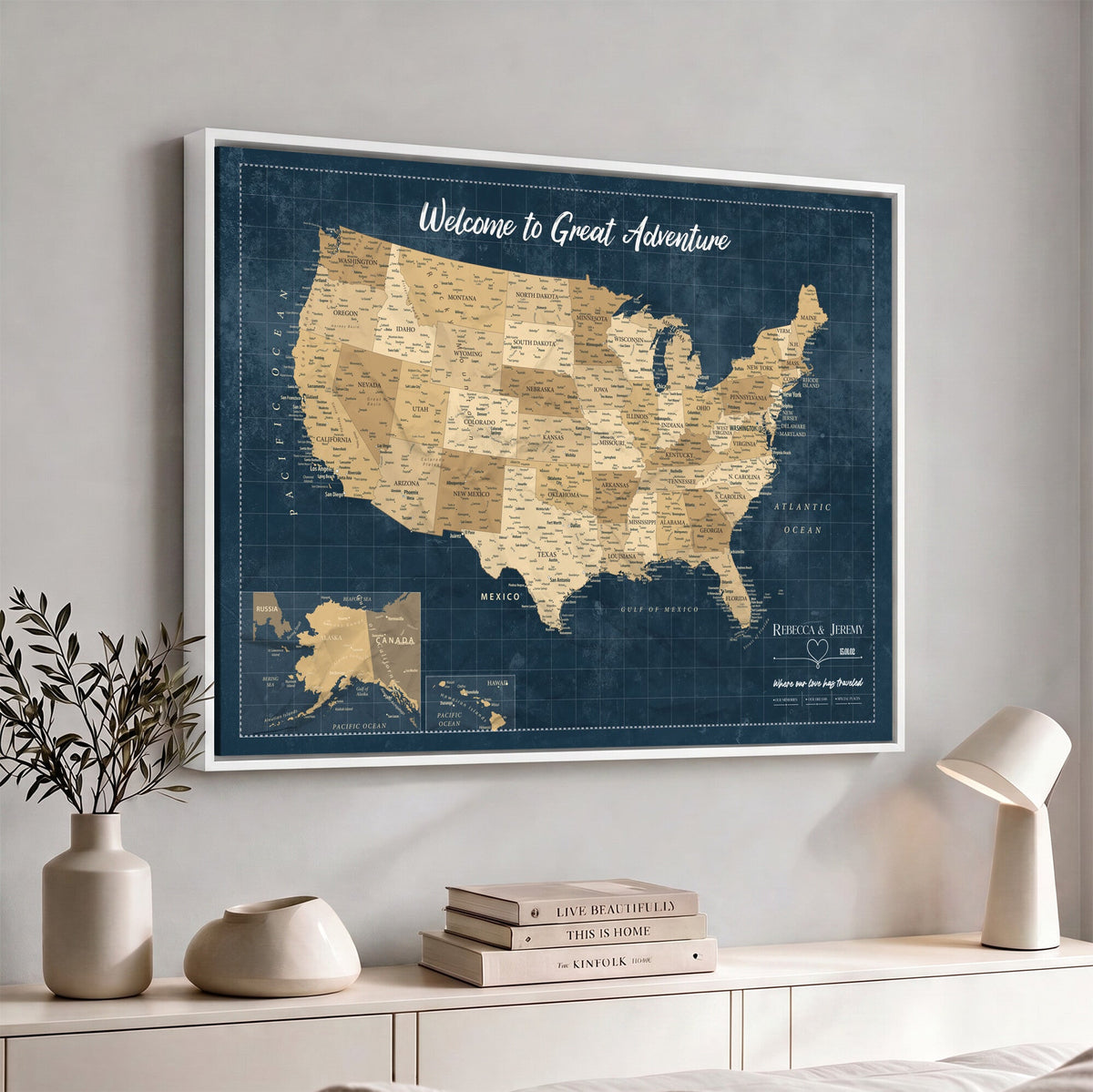 58851035-MGV-CV-36X24 - Custom Cream Push Pin USA Map Canvas Print, 50 State Bucket List Map, Family Room and Hallway Decor